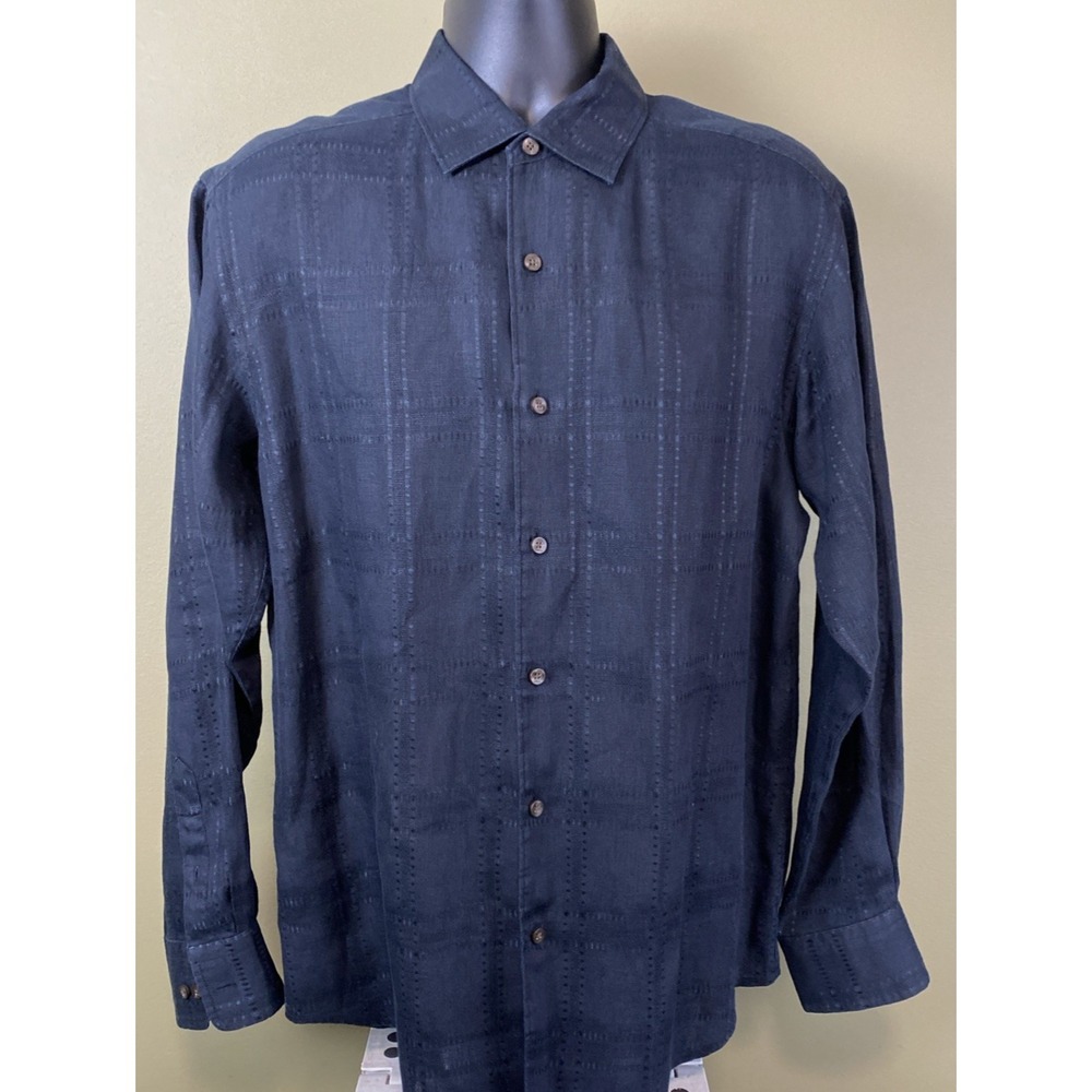 Tommy Bahama Black 100% Linen Corsica Stitched Plaid Men's M Button Down Shirt